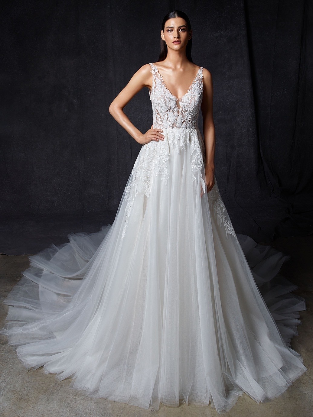Brautkleid im Prinzessschnitt mit transparentem Spitzentop, Plunge-Ausschnitt, Tattoo-Effekt und tiefem Rückenausschnitt von Enzoani, Modell Opus