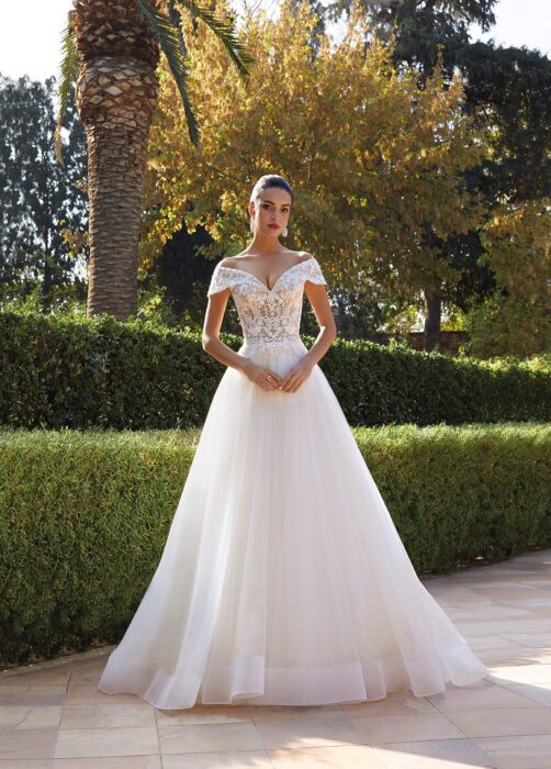 Hochzeitskleid im Prinzessschnitt mit Tüllrock und Spitzentop mit Offshoulder-Trägern von Demetrios, Modell 8047