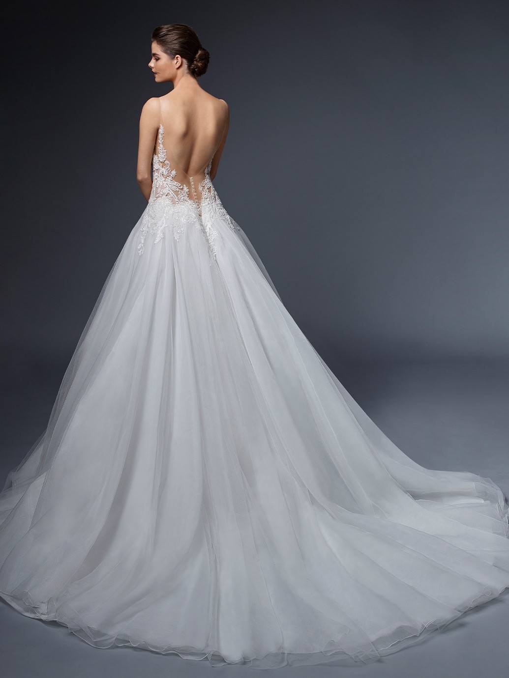 Rückenfreies Prinzesskleid mit transparenter Spitzencorsage, Tattoo-Effekt und Schleppe von Elysée, Modell Anastasie