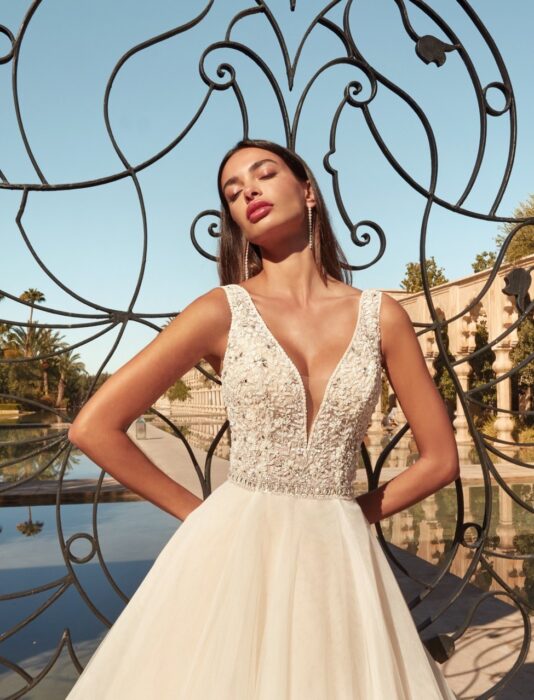 Brautkleid im Prinzessstil mit besticktem Spitzentop mit tiefem Plunge-Ausschnitt von Demetrios, Modell 1119