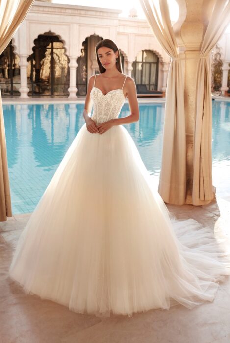 Prinzess-Brautkleid mit Tüllrock und transparentem Spitzentop von Demetrios, Modell 1109