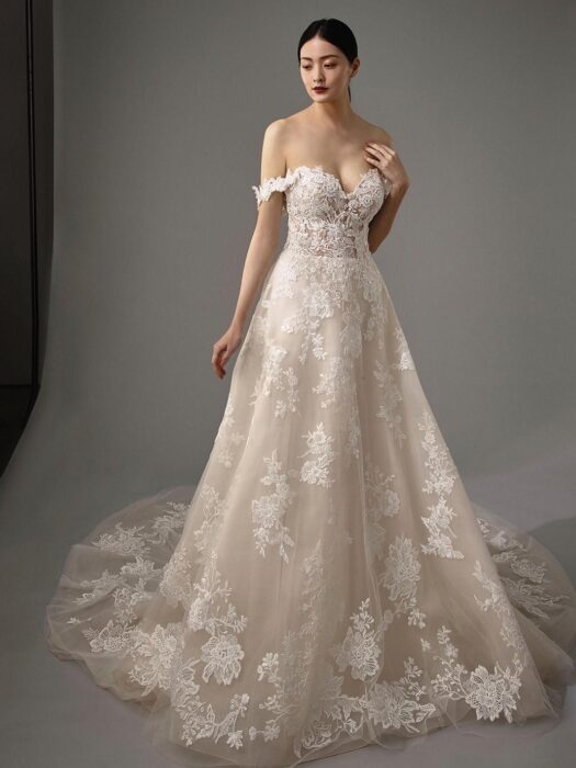 Puderfarbenes Brautkleid im Prinzesschnitt mit 3D-Spitze, transparentem Top, Sweetheart-Ausschnitt, Offshoulder-Trägern und Schleppe von Blue by Enzoani, Modell Mariane