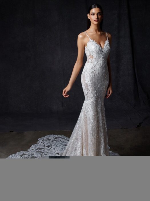 Puderfarbenes Fit-and-Flare-Brautkleid mit 3D-Spitze, Spaghettiträgern, Transparenz, tiefem Rückenausschnitt und Schleppe von Enzoani, Modell Omaira