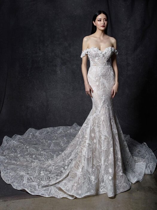 Fit-and-Flare-Brautkleid in Puder mit Kontraststpitze, Sweetheart-Ausschnitt, Offshoulder-Trägern und Schleppe von Enzoani, Modell Odette