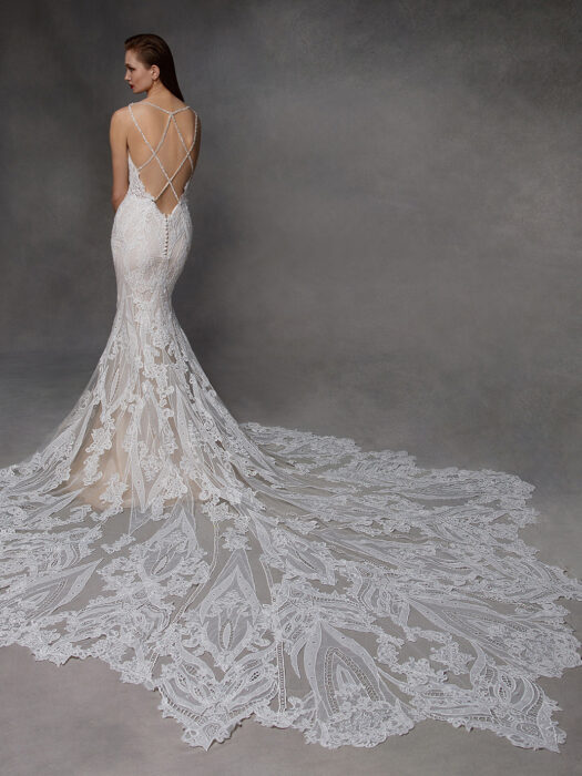 Fit-and-Flare-Hochzeitskleid in Rosa mit 3D-Spitze, tiefem Rücken, V-Ausschnitt und Schleppe von Badgley Mischka, Modell Darcy