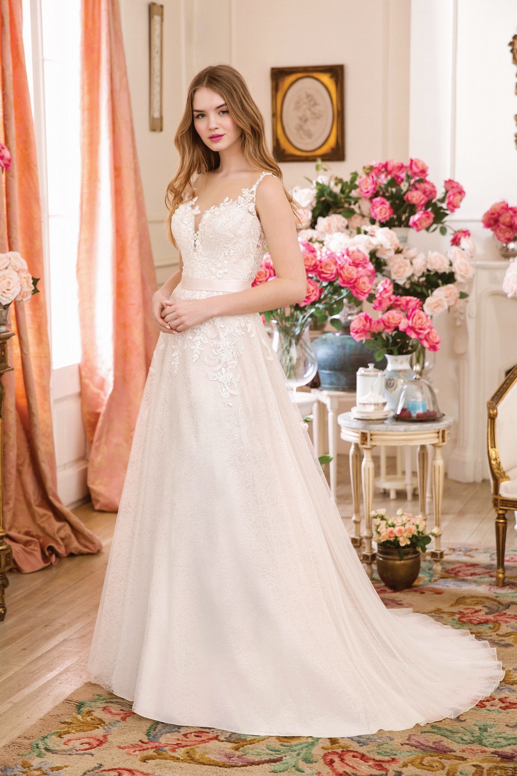 Rosé Brautkleid in A-Linie mit 3D-Spitze, Illusion-Ausschnitt und raffiniertem Rücken von Sweetheart, Modell 6166