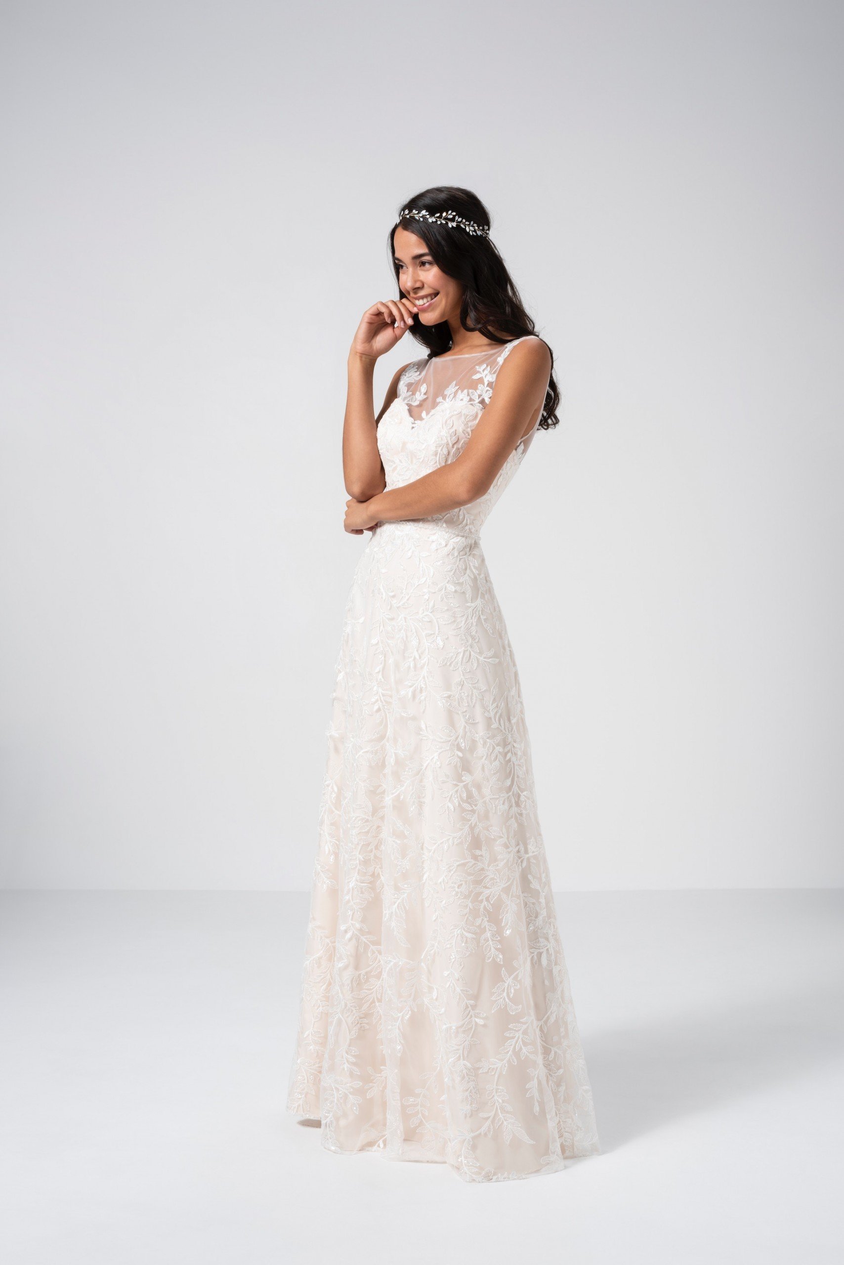Blassrosafarbenes Brautkleid in A-Linie mit Spitze und Illusion-Ausschnitt von Weise Be The One, Modell 337190