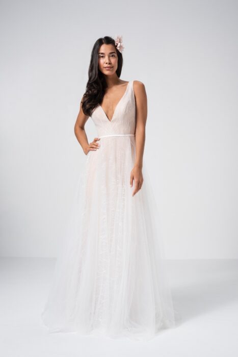 Roséfarbenes Brautkleid aus Glitzertüll in A-Linie mit tiefem V-Ausschnitt von Weise Be The One, Modell 337182
