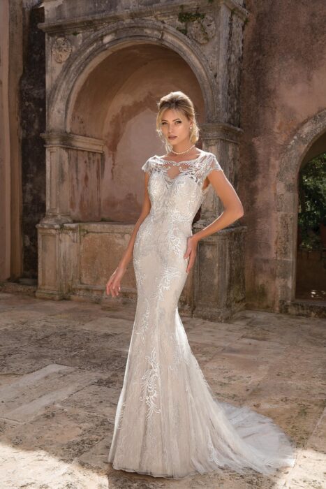 Fit and Flare-Brautkleid mit Spitze und Ärmeln von Justin Alexander, Modell 88050
