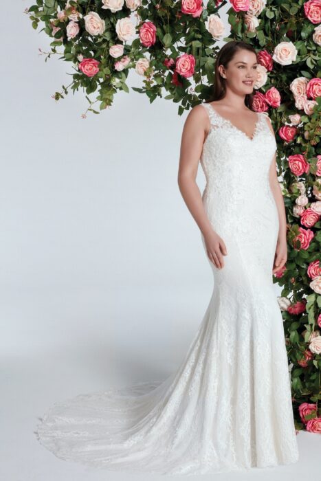 Spitzenbrautkleid im Fit-and-Flare-Schnitt mit Illusion-V-Ausschnitt, transparentem Rücken und Schleppe von Sweetheart, Modell 11075