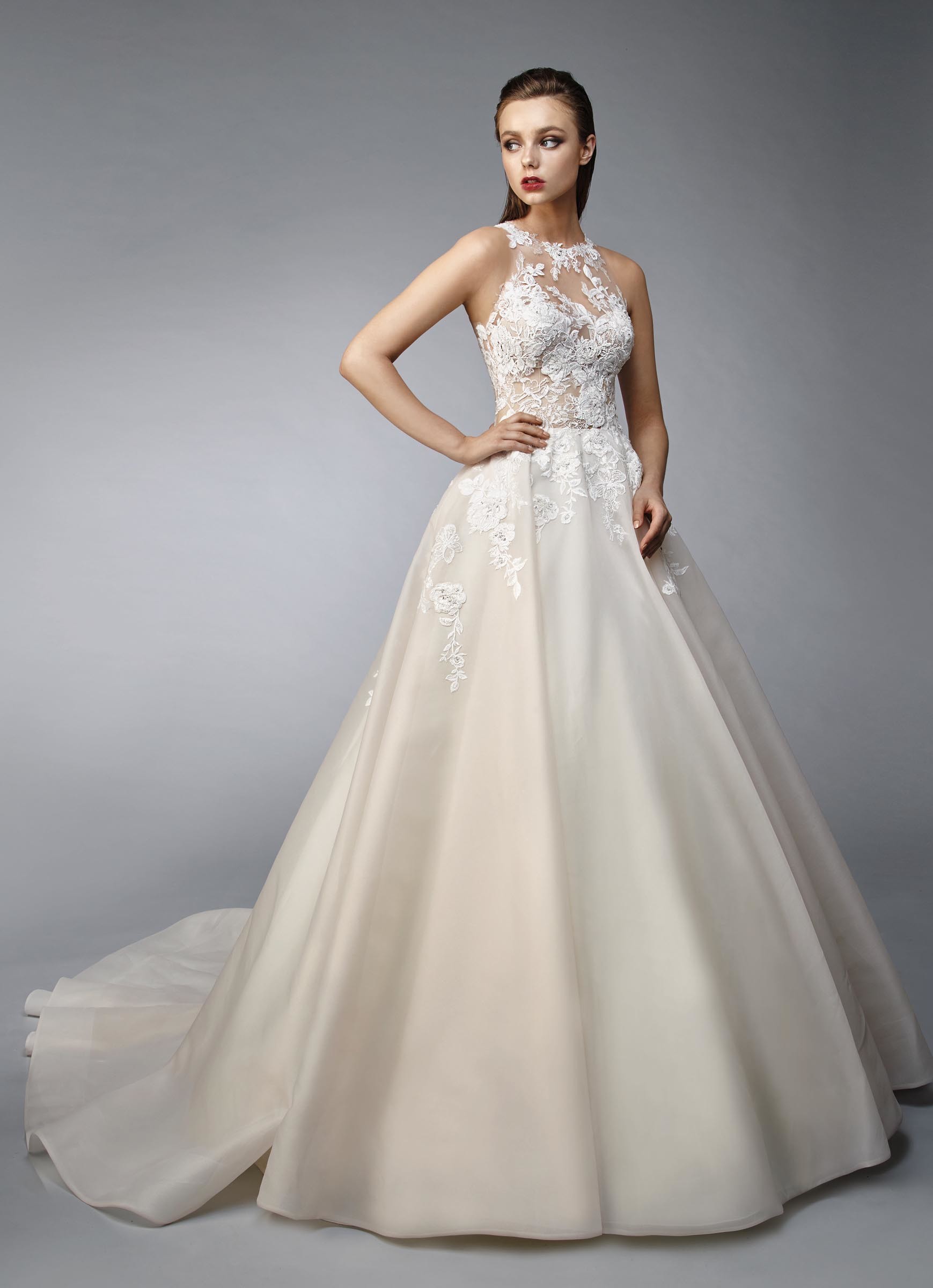 Brautkleid im Prinzesschnitt mit Spitze, Tattoo-Effekt, transparenter Korsage, Neckholder-Ausschnitt und Schleppe von Enzoani, Modell Nikola