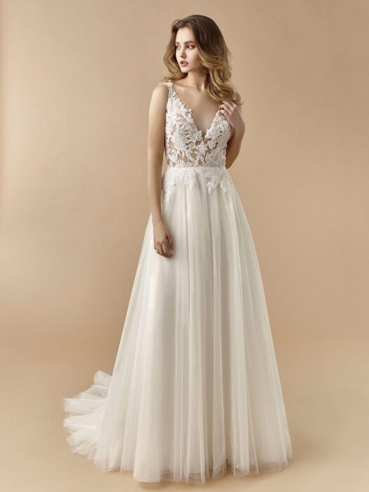 Brautkleid in A-Linie mit Tüllrock, transparentem Spitzentop und V-Ausschnitt von Beautiful Bridal, Modell BT 20-26