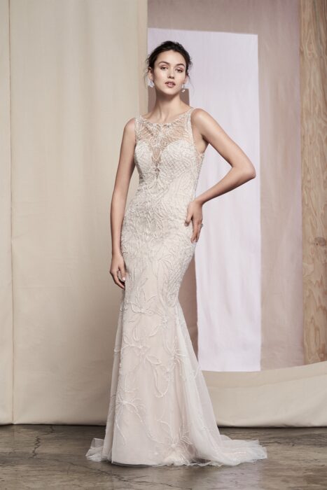 Wandelbares Brautkleid im Fit-and-Flare-Schnitt mit optionalem Überrock im Prinzess-Stil, funkelnden Stickereien und Tattoo-Effekt von Justin Alexander Signature, Modell 99086 Dahlia