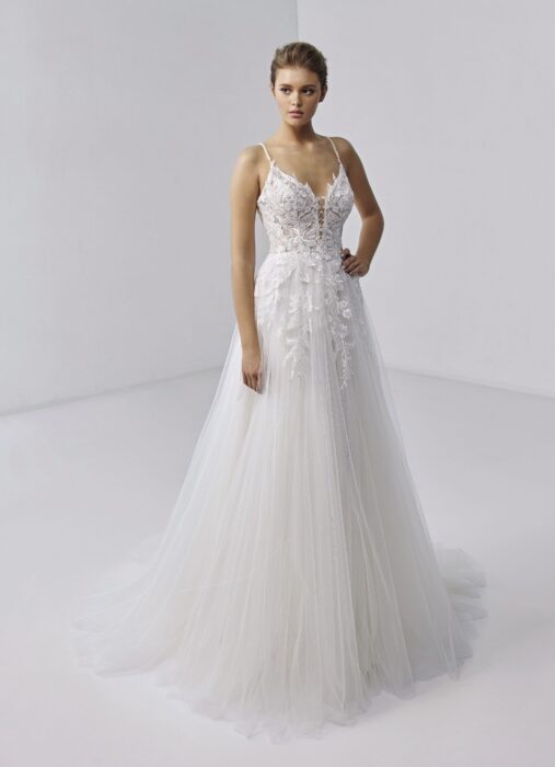 Weißes Prinzess-Brautkleid mit transparentem Spitzentop, Spaghettiträgern und Schleppe von Etoile, Modell Joie