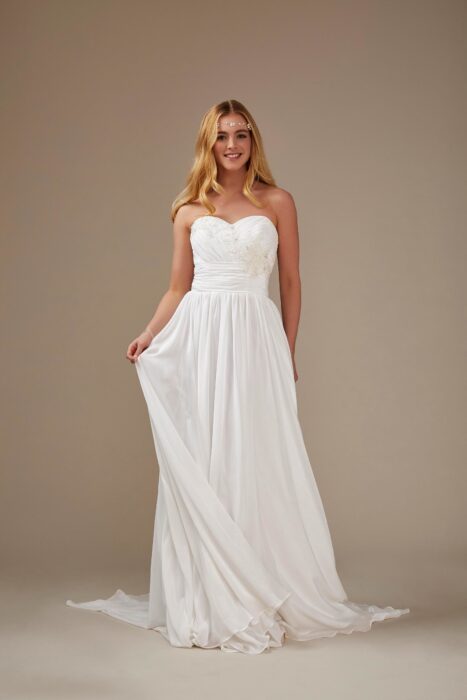 Schulterfreies, schlichtes Brautkleid in Weiß von Weise, Modell 336122