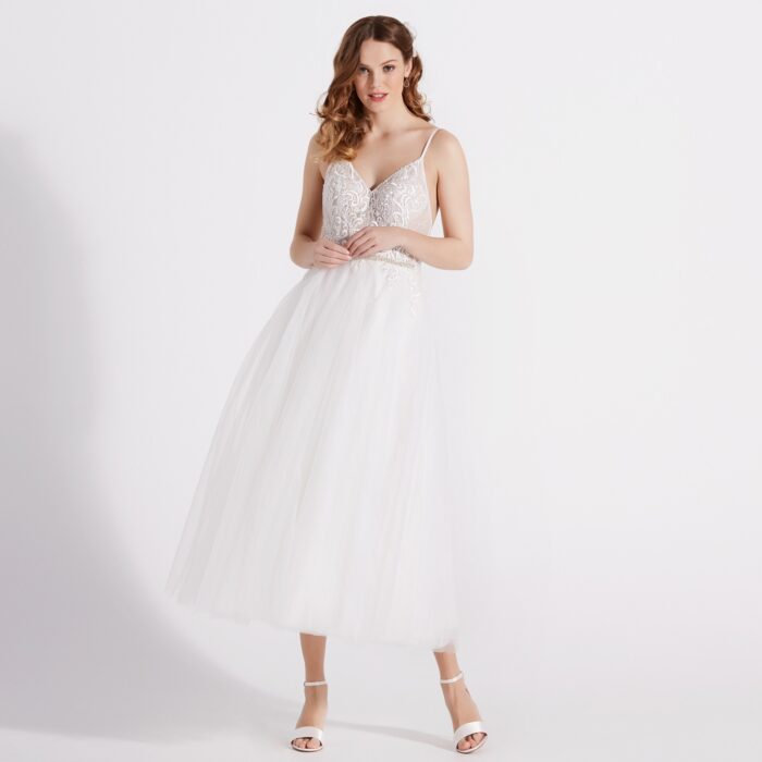 Boho-Brautkleid in Dreiviertellänge mit transparentem Spitzentop von Diamonds by Lilly, Modell 08-4172-CRT