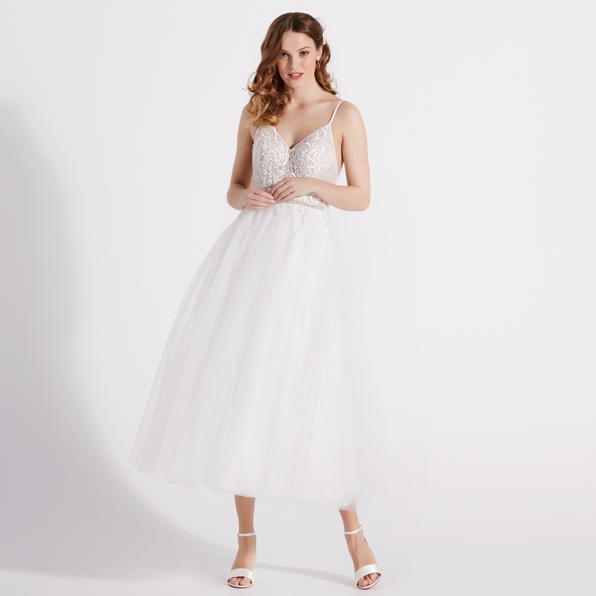 Boho-Brautkleid in Dreiviertellänge mit transparentem Spitzentop von Diamonds by Lilly, Modell 08-4172-CRT