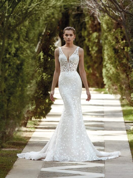 Brautkleid im Fit-and-Flare-Schnitt mit tranpsarentem Spitzentop, Plunge-Ausschnitt, tiefem Rücken und Schleppe von Demetrios, Modell 1180