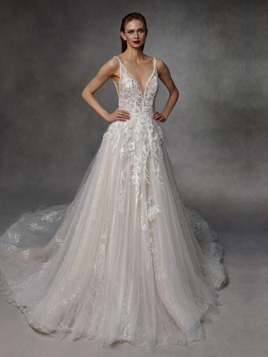 Prinzessbrautkleid in Blush mit Kontrastspitze, V-Ausschnitt und Schleppe von Badgley Mischka, Modell Dior