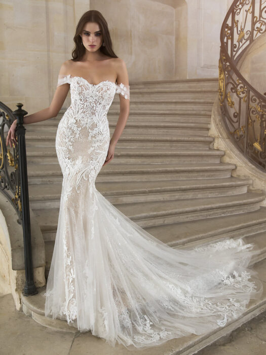 Hochzeitskleid im Fit-and-Flare-Schnitt mit 3D-Spitze, Sweetheart-Ausschnitt, abnehmbaren Offshoulder-Trägern, transparentem Rücken und Schleppe von Elysée, Modell Saraiah