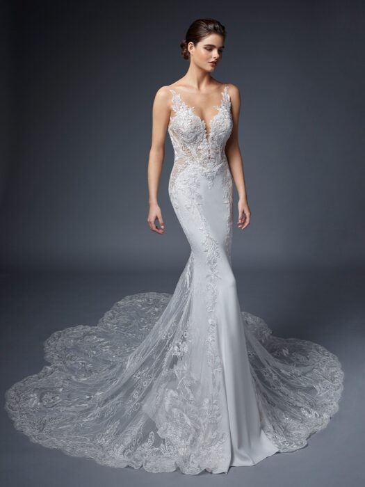 Brautkleid in Weiß mit Spitze, transparentem Top, tiefem Rückenausschnitt und Schleppe von Elysée, Modell Sandrine