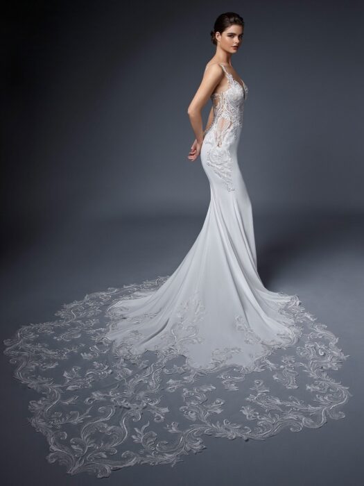 Weißes Fit-and-Flare-Hochzeitskleid mit transparenten, mit Spitze unterlegten Cut-outs von Elysée, Modell Katriane