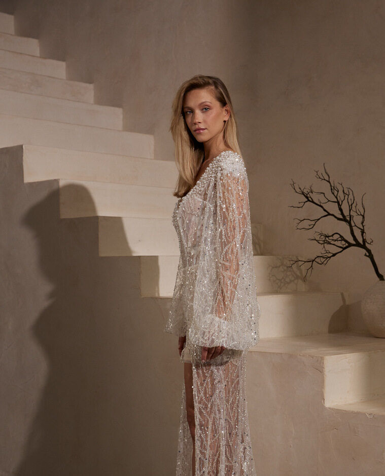 Transparentes Paillettenkleid mit tiefem Ausschnitt, Beinschlitz, abnehmbarer Schleife und langen Ballonärmeln von IamYours, Modell Eileen