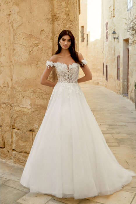 Brautkleid im Prinzess-Stil mit Tüllrock und transparentem Spitzentop mit Offshoulder-Trägern von Sincertiy, Modell 44500