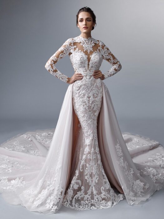 Wandelbares Fit-and-Flare-Hochzeitskleid mit Tattoo-Effekt und Schleppe von Elysée Atelier, Modell Kohinoor