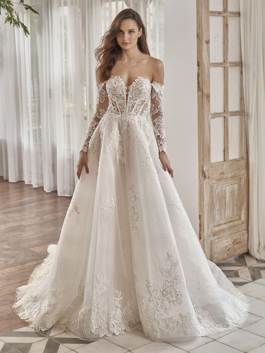 Wandelbares Prinzess-Brautkleid aus Glitzertüll mit Spitze und abnehmbaren Offshoulder-Trägern von Pen-Liv, Modell Artemis
